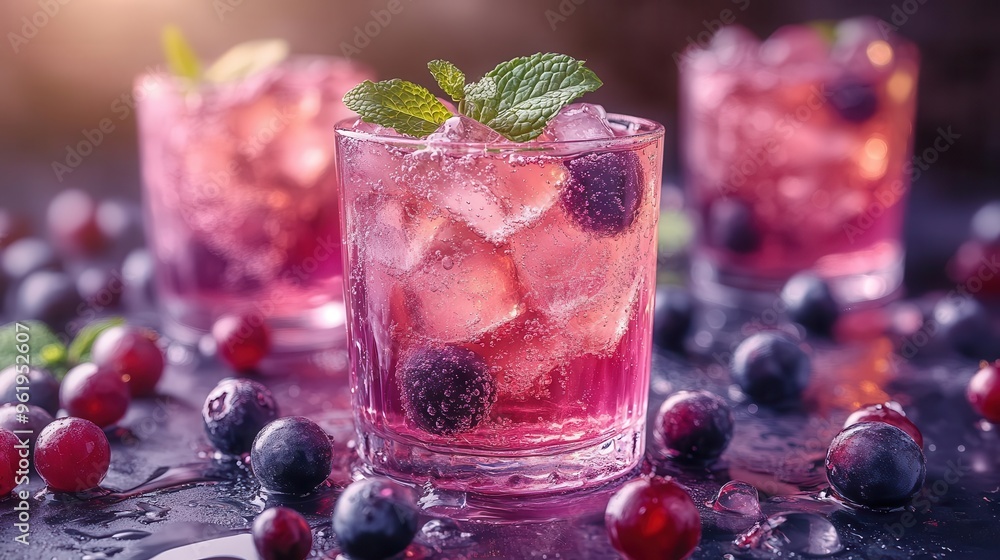 effervescent blackcurrant soda in crystal glass vibrant purple liquid fizzy bubbles rising fresh mint leaves floating on surface effervescent blackcurrant soda in crystal glass vibrant purple liquid fizzy bubbles rising fresh mint leaves floating on surface