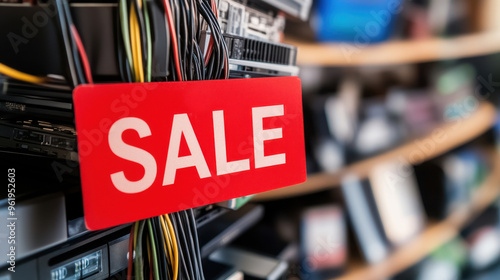 A vibrant red sale sign hanging amidst electronic wires, highlighting a promotional offer in a tech store or marketplace.