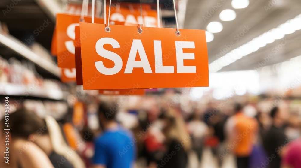 A vibrant sale sign hangs in a busy retail store, attracting shoppers with exciting discounts and promotions during a busy shopping day. A vibrant sale sign hangs in a busy retail store, attracting shoppers with exciting discounts and promotions during a busy shopping day.