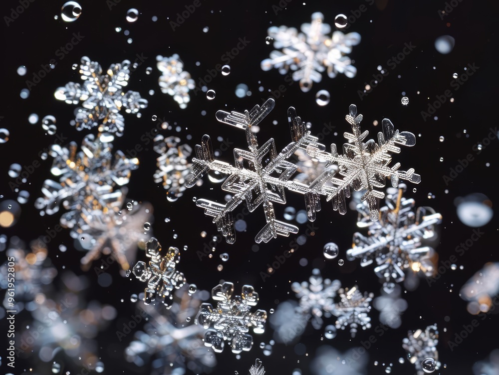 Fototapeta premium Delicate Snowflakes Gently Floating and Sparkling in a Magical Winter Wonderland Under Soft Moonlight