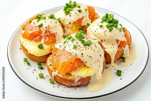 Tasty breakfast with eggs Atlantic and eggs Benedict on white plate