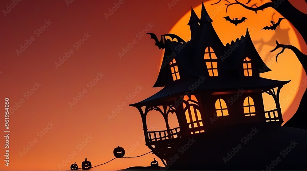 halloween banner featuring house trees pumpkins spider web orange sky halloween banner featuring house trees pumpkins spider web orange sky