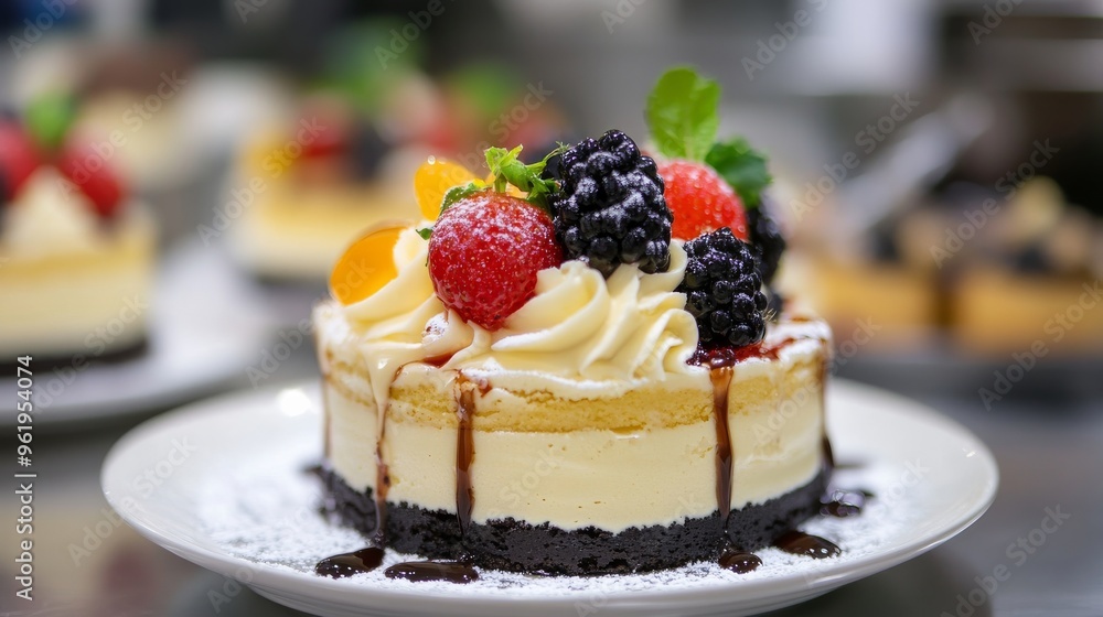 Delicious Cheesecake with Fresh Berries and Chocolate Drizzle. Delicious Cheesecake with Fresh Berries and Chocolate Drizzle.