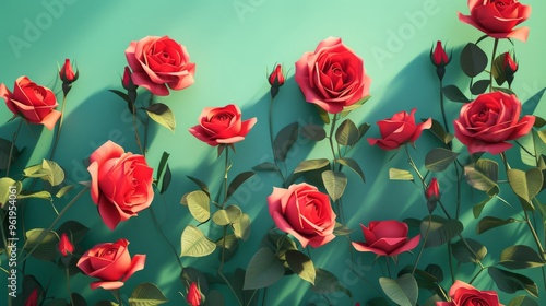 Wallpaper Mural Vibrant red roses are beautifully arranged against a teal backdrop, casting long shadows that add depth to the image. The contrasting colors and lighting emphasize the elegance and natural beauty of Torontodigital.ca