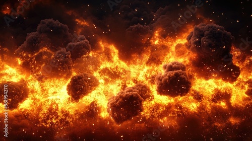 Massive fireball explosion, with intense flames and black smoke rising into the sky, creating a dramatic and chaotic scene