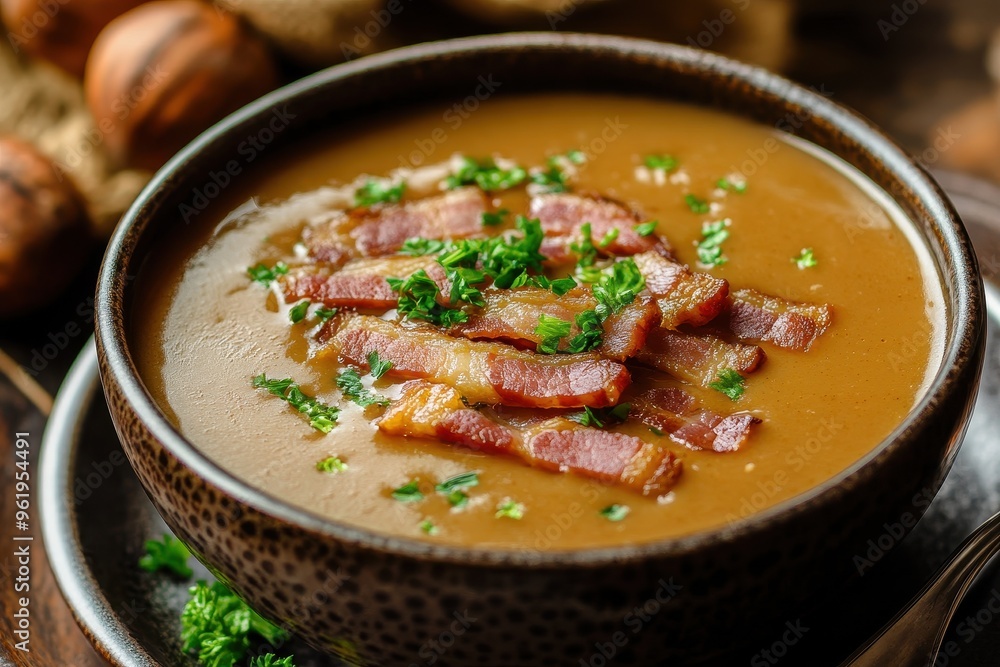 Tasty chestnut soup with celery and crispy bacon strips Tasty chestnut soup with celery and crispy bacon strips