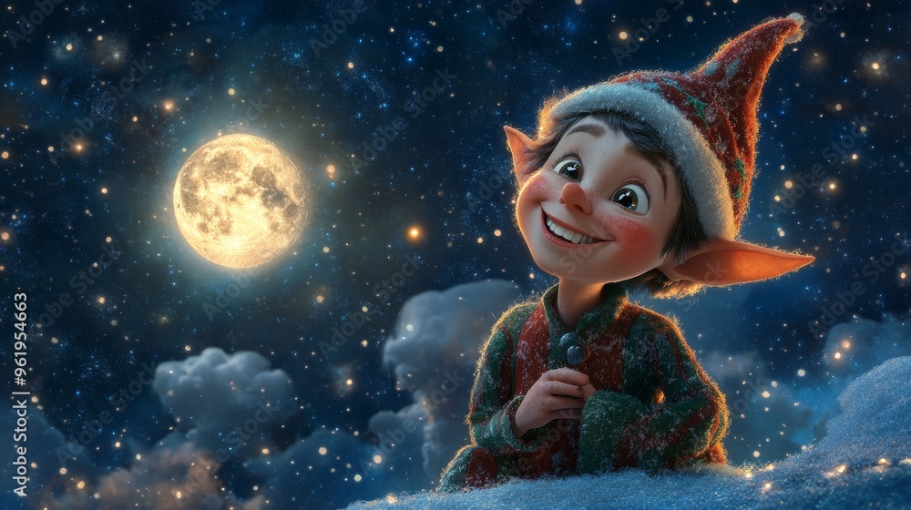 Joyful elf smiles under a starry night sky, illuminated by the bright full moon, capturing the magic of winter wonder. Joyful elf smiles under a starry night sky, illuminated by the bright full moon, capturing the magic of winter wonder.