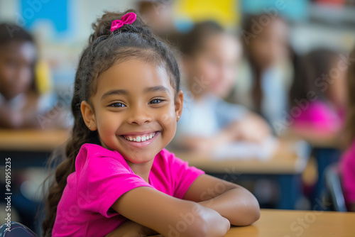 Fröhliche, diverse Schulkinder im Unterricht. Multikulturelle Klasse, positive Lernatmosphäre. Inklusion, Bildung. Authentische Interaktion. Heller Klassenraum. Lifestyle, Zukunft