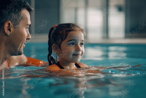 Teach a child swimming at a modern pool Childhood sports development Encouraging children s sports photo