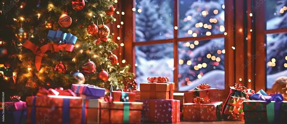 A Festive Christmas Tree with Presents Underneath, Decorated with Ornaments and Lights, in Front of a Window with a Snowy View A Festive Christmas Tree with Presents Underneath, Decorated with Ornaments and Lights, in Front of a Window with a Snowy View
