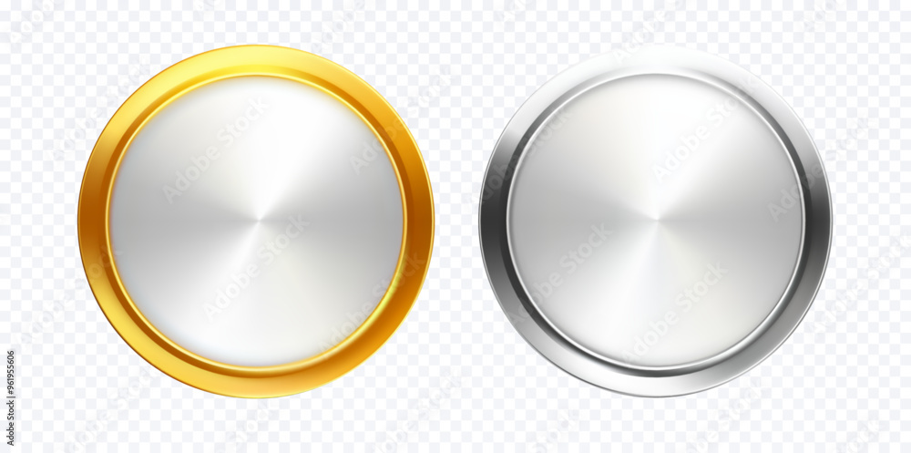 3D vector illustrations of metallic buttons with gold and silver borders, ideal for interface design, digital concepts. Gold, silver, and bronze award buttons on a white background 3D vector illustrations of metallic buttons with gold and silver borders, ideal for interface design, digital concepts. Gold, silver, and bronze award buttons on a white background
