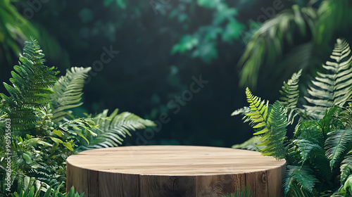 wooden podium with lush green ferns and tropical jungle theme, Pedestal stage for eco-friendly product presentation photo