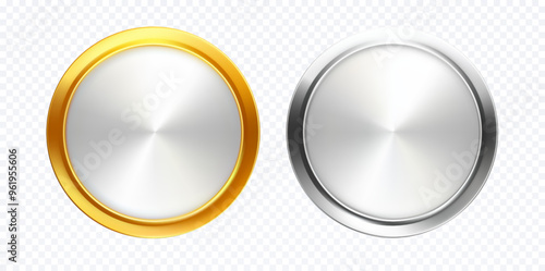 3D vector illustrations of metallic buttons with gold and silver borders, ideal for interface design, digital concepts. Gold, silver, and bronze award buttons on a white background