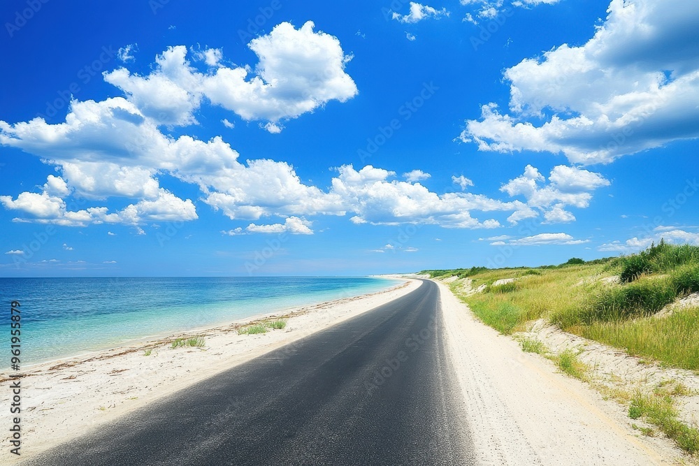 Two lane asphalt road by the beach and sea under clear sky Two lane asphalt road by the beach and sea under clear sky