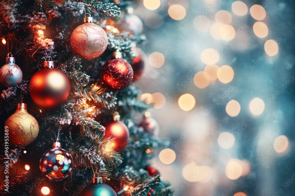 Close-up of a Christmas Tree Decorated with Ornaments and Lights Close-up of a Christmas Tree Decorated with Ornaments and Lights