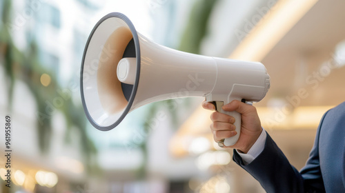 A person in a suit holding a megaphone, conveying a message in a modern indoor setting. photo