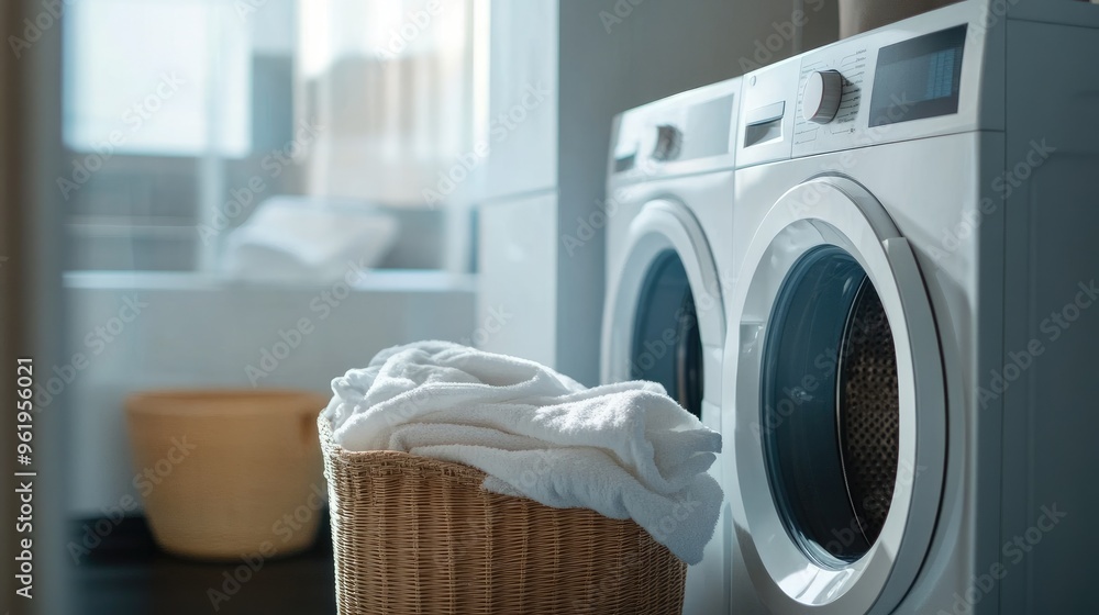 Modern washing machine with an intuitive interface, efficiently handling different loads of laundry for optimal cleanliness and care Modern washing machine with an intuitive interface, efficiently handling different loads of laundry for optimal cleanliness and care