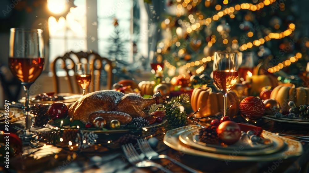 A festive table setting with a holiday feast and sparkling decorations A festive table setting with a holiday feast and sparkling decorations