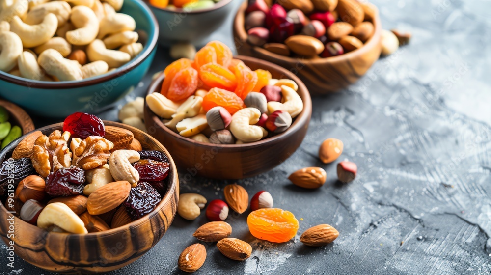 A variety of nuts and dried fruit in bowls. A variety of nuts and dried fruit in bowls.