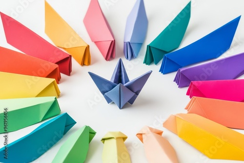 Conceptual spectrum of colors surrounding a paper origami, representing leadership skills evolving towards success and creative achievement