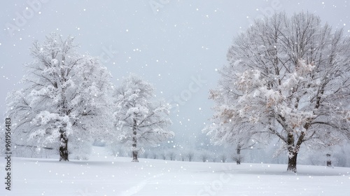 A serene winter landscape with snow-covered trees and a gentle snowfall