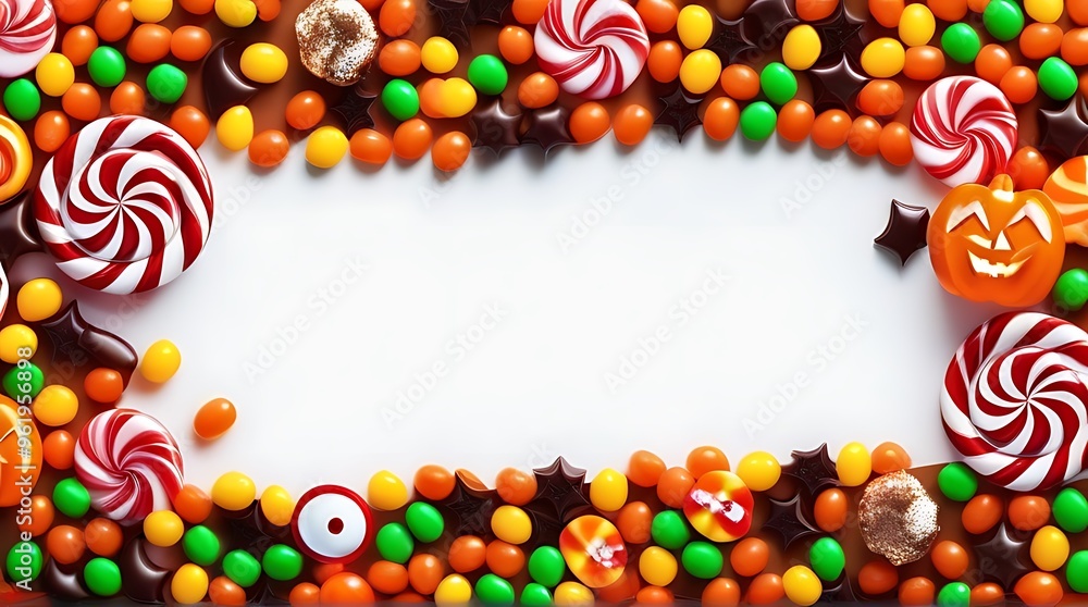 halloween candy double border banner top view white background copy