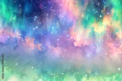 A vibrant, colorful background resembling the northern lights, filled with swirling hues and starry elements, perfect for creative and dreamy projects.