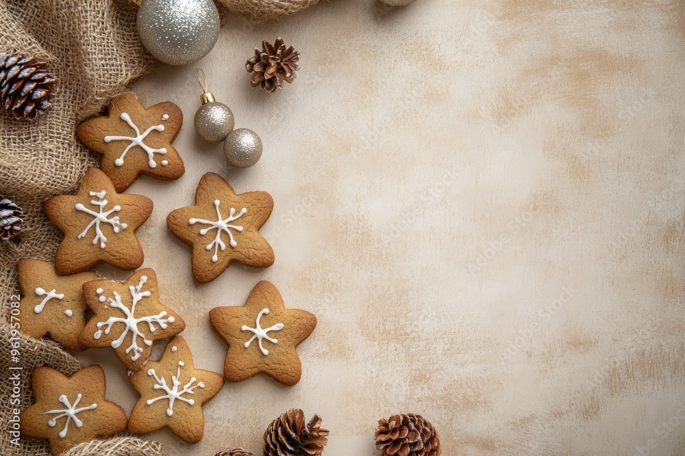Fototapeta premium Festive Gingerbread Stars with Christmas Decorations on Rustic Background