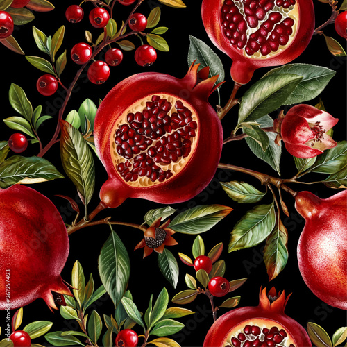 Seamless vector pattern with pomegranates and cranberry branches isolated on a changeable background. Vintage painting style illustration. 