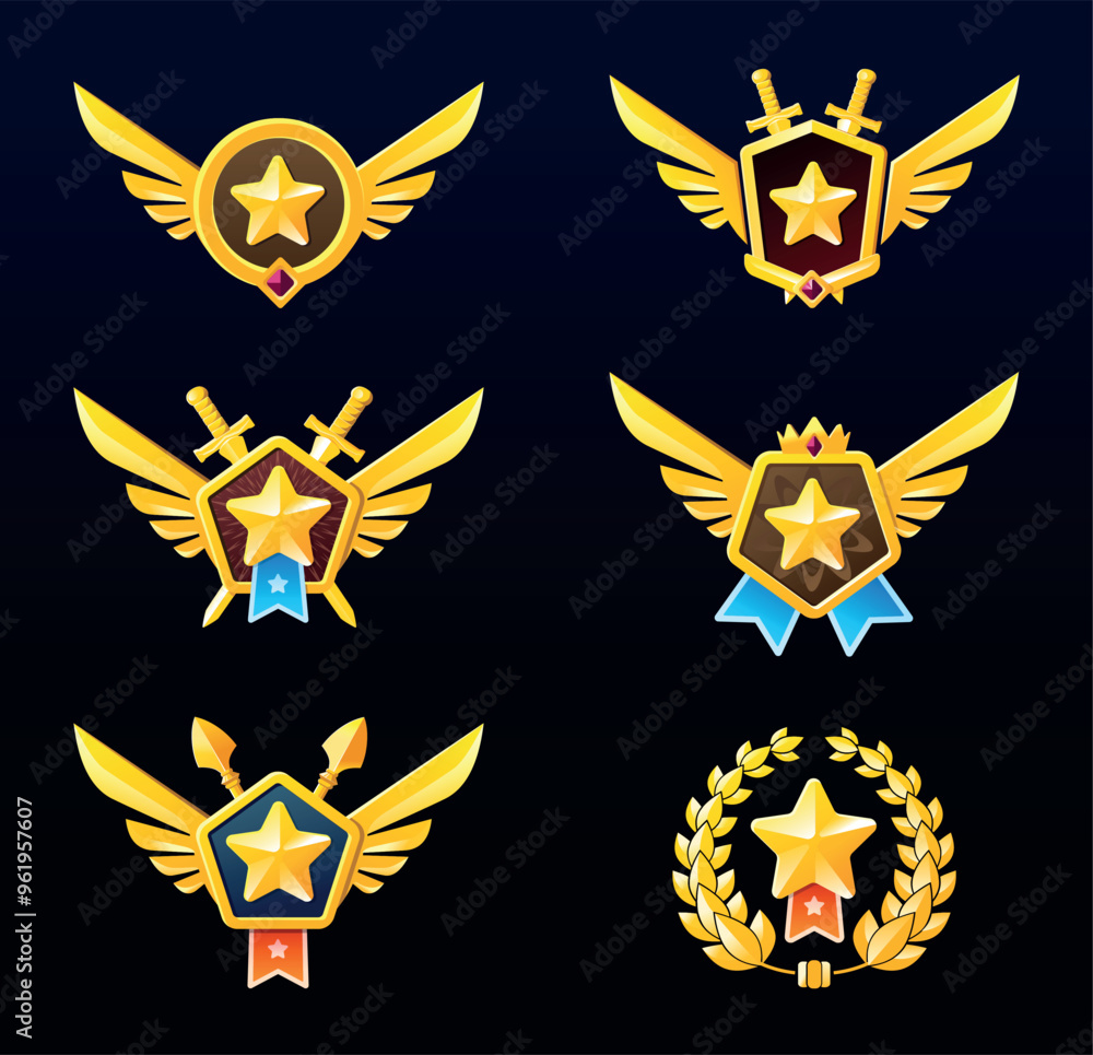 A set of different award badges with a star in a circle and wings on the sides on a dark background. Game medals for achievements A set of different award badges with a star in a circle and wings on the sides on a dark background. Game medals for achievements