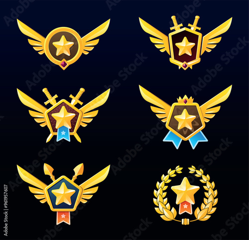 A set of different award badges with a star in a circle and wings on the sides on a dark background. Game medals for achievements