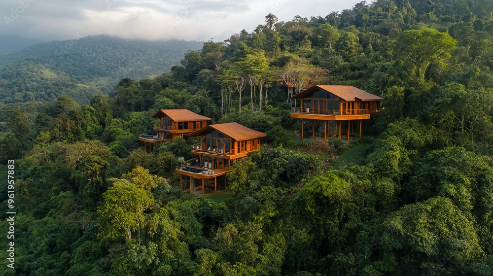 Luxury treehouses in tropical jungle. Luxury treehouses in tropical jungle.