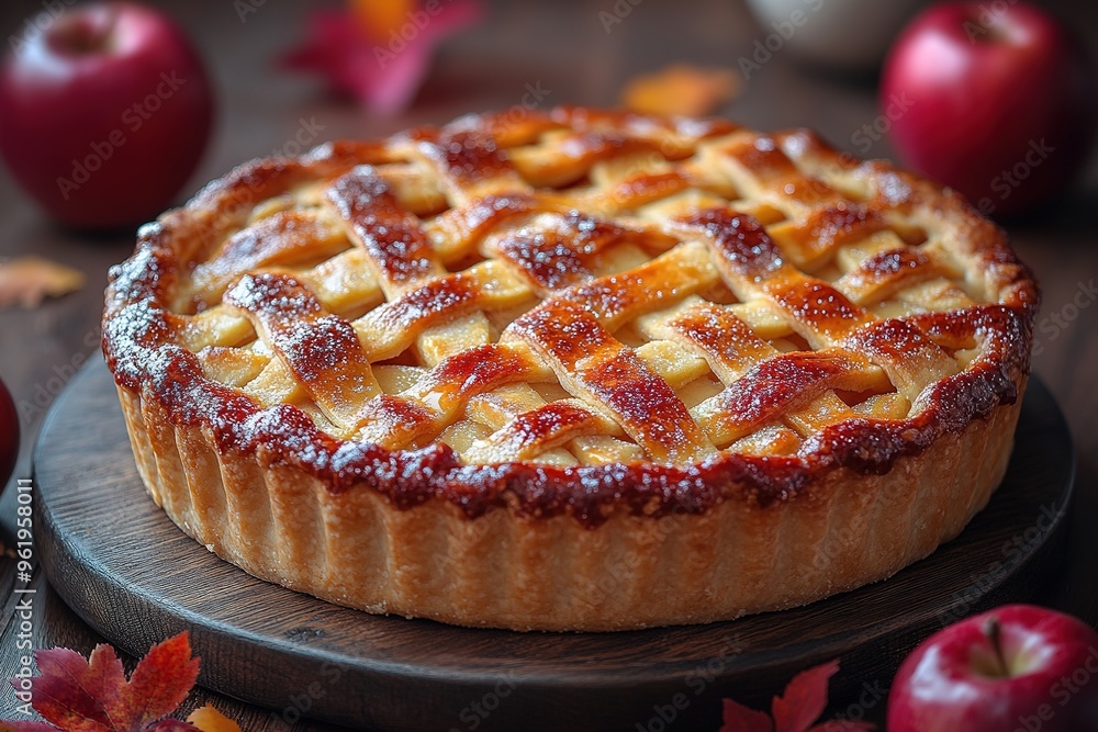 Apple pie decorated with lattice overhead shot, fall baking concept Apple pie decorated with lattice overhead shot, fall baking concept