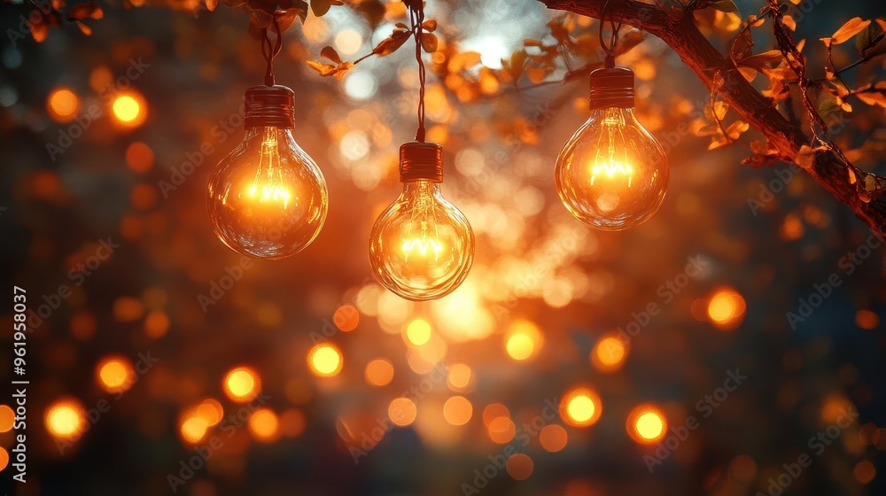 enchanting outdoor scene with warm glowing string lights soft bokeh effect creates a magical atmosphere delicate bulbs suspended from tree branches against a twilight sky enchanting outdoor scene with warm glowing string lights soft bokeh effect creates a magical atmosphere delicate bulbs suspended from tree branches against a twilight sky