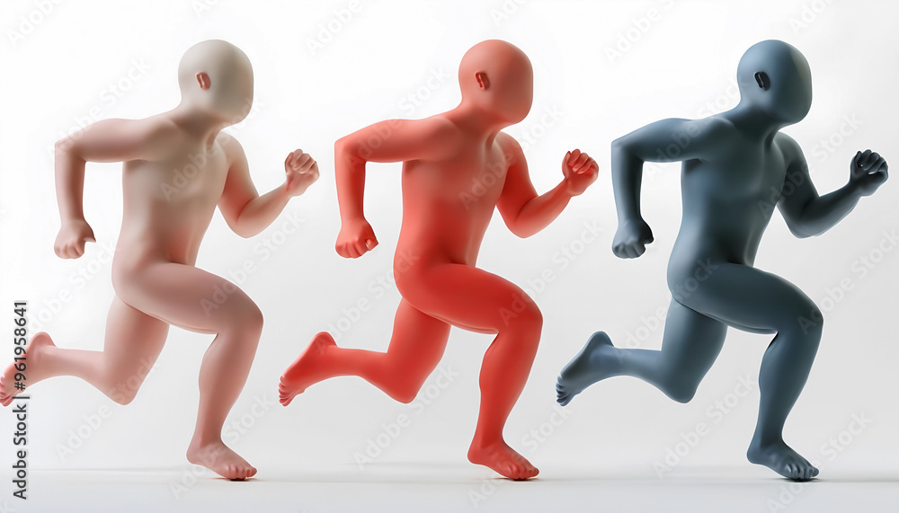 3D minimalist three human figures with smooth bodies and no facial features in mid-motion, running forward, sports race run 3D minimalist three human figures with smooth bodies and no facial features in mid-motion, running forward, sports race run
