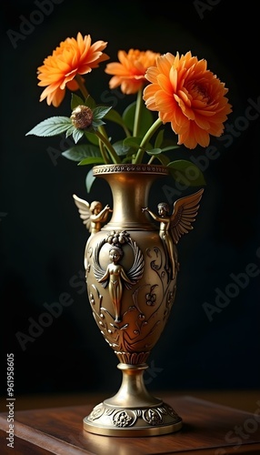 Wallpaper Mural A  brass  with angel figure on vases, with flower on it.   Torontodigital.ca