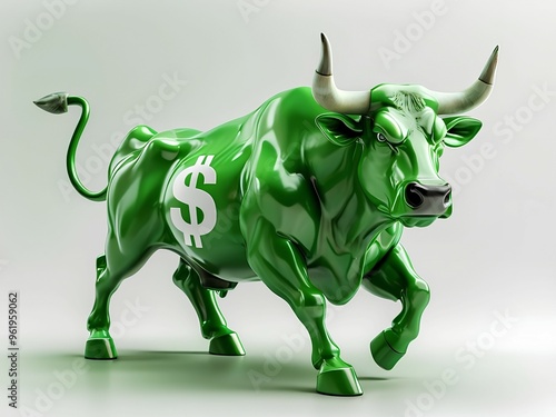 Charging green bull with white dollar printed on its body symbolizing power of US dollar and strong financial growth, economic bullishness and market trends
 photo