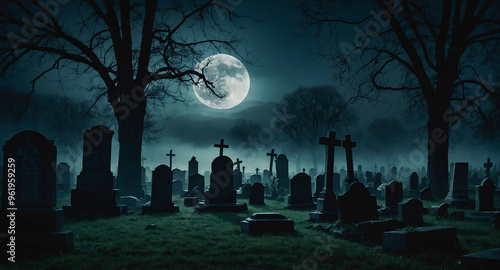Dark foggy graveyard under full moon background