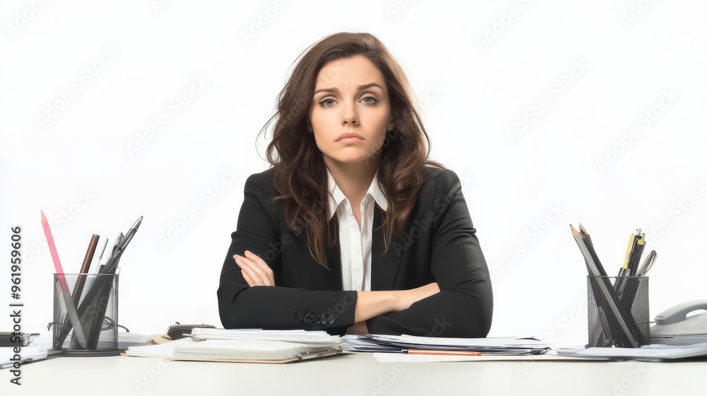 Tired Businesswoman Sitting at Desk with Papers and Pens. Tired Businesswoman Sitting at Desk with Papers and Pens.