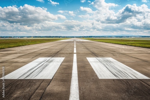 Vacant runway with white aircraft markings photo