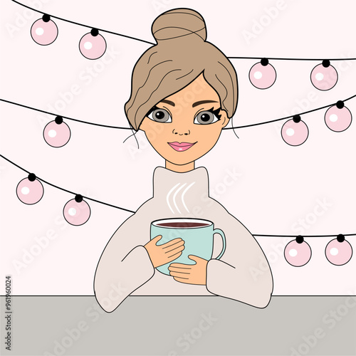 Nice beautiful girl with a cup of coffee vector illustration art cartoon lovely person