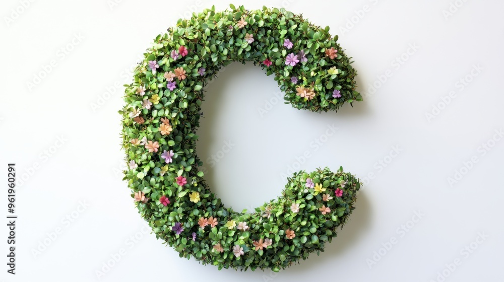 Illustration is an English letter, green bushes with pastel colored flowers on a white background. Cute style used in media design. It is a graphic image to help in design. Illustration is an English letter, green bushes with pastel colored flowers on a white background. Cute style used in media design. It is a graphic image to help in design.