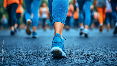 legs striding through a busy city street, with a focus on the movement amidst a crowd, symbolizing individuality and the journey of navigating through life's hustle and bustle