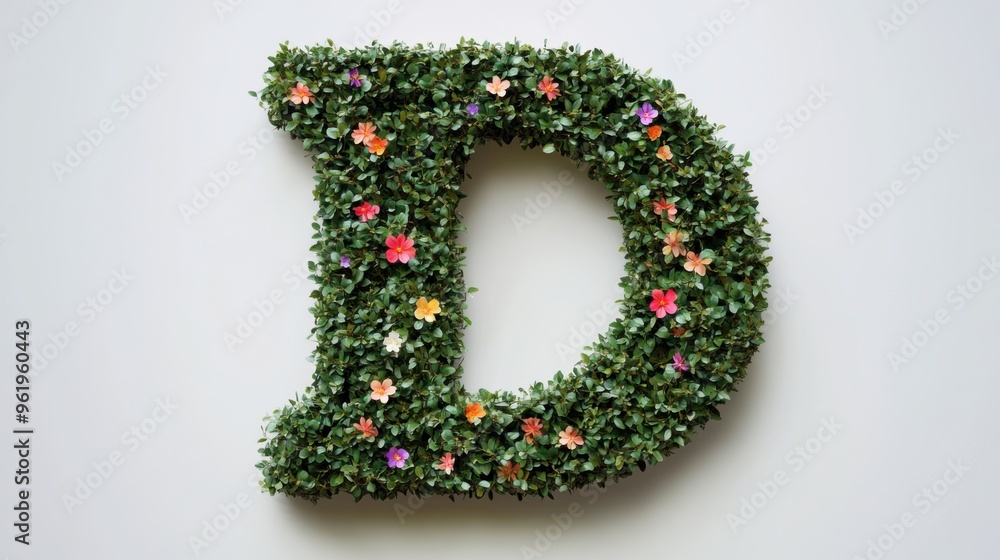 Illustration is an English letter, green bushes with pastel colored flowers on a white background. Cute style used in media design. It is a graphic image to help in design. Illustration is an English letter, green bushes with pastel colored flowers on a white background. Cute style used in media design. It is a graphic image to help in design.