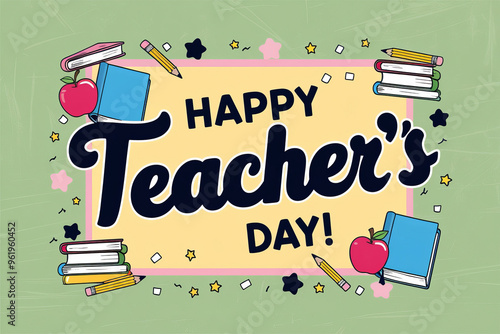 Happy teachers day illustration with school equipment for poster, brochure, banner and greeting card. AI generated