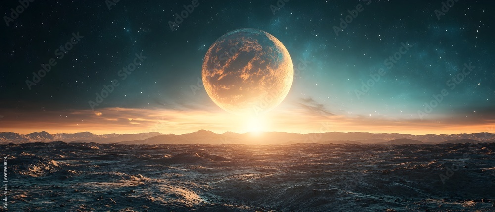 Dramatic cosmic landscape showcasing the dramatic sunset over a distant planet representing the space race and technological competition between superpowers striving for scientific dominance and Dramatic cosmic landscape showcasing the dramatic sunset over a distant planet representing the space race and technological competition between superpowers striving for scientific dominance and