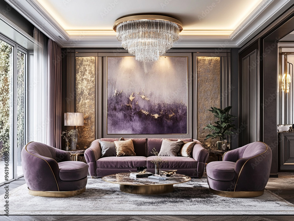 A photo of a luxurious living room interior design with velvet furniture, metallic accents, and an elegant chandelier. A photo of a luxurious living room interior design with velvet furniture, metallic accents, and an elegant chandelier.