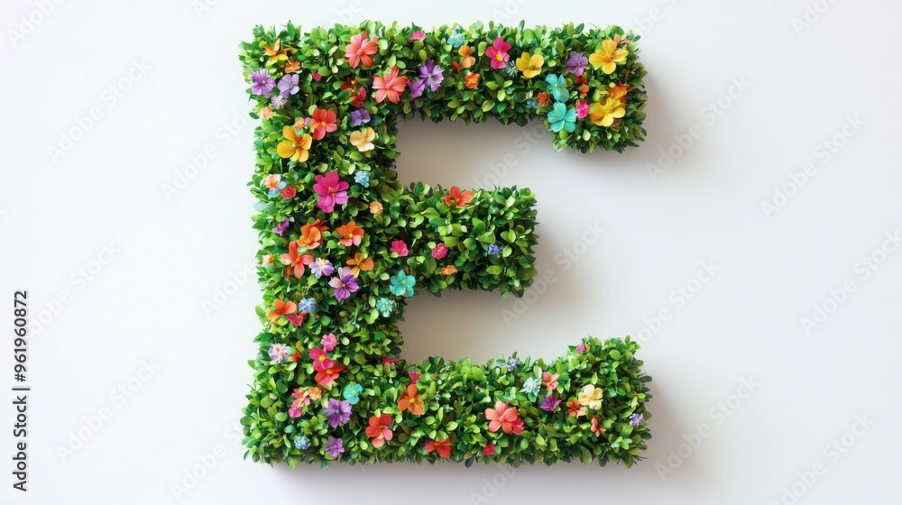 Illustration is an English letter, green bushes with pastel colored flowers on a white background. Cute style used in media design. It is a graphic image to help in design. Illustration is an English letter, green bushes with pastel colored flowers on a white background. Cute style used in media design. It is a graphic image to help in design.