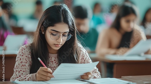 beautiful female indian college girl in lecture hall study or pass exam