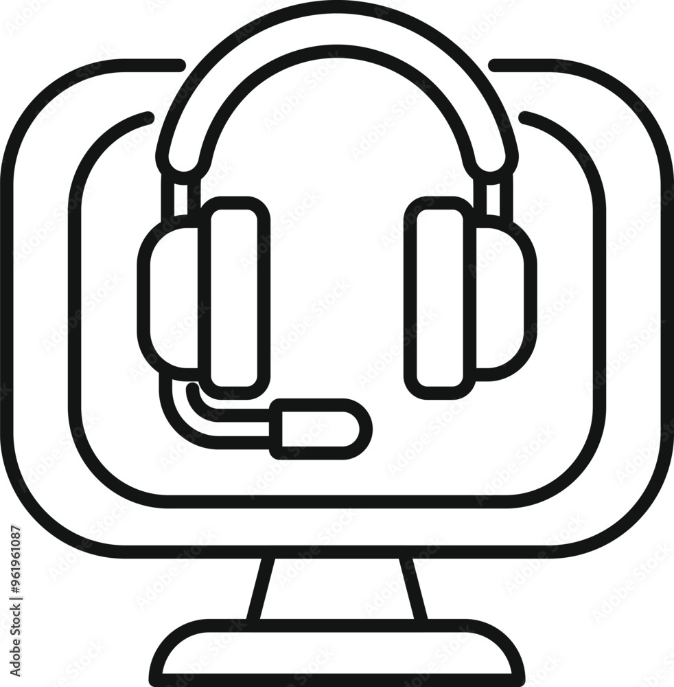 Headset sitting on top of a computer monitor, representing online support and communication Headset sitting on top of a computer monitor, representing online support and communication